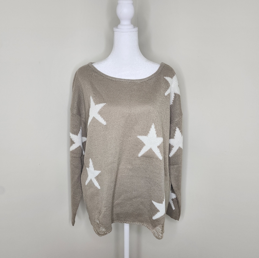 Pink Lily Tan And White Star Destructed Hem Crewneck Oversized Sweater Small